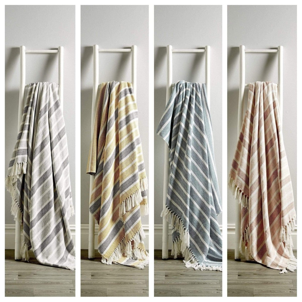 OLIVIA ROCCO Zara Striped Handwoven Pure Cotton Throw Blanket With Tassels Eco Friendly - Joe’s Haven