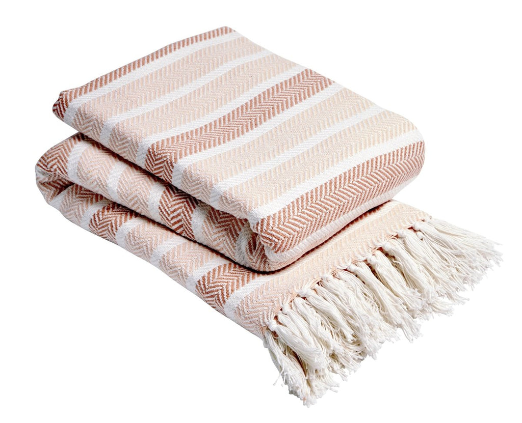 OLIVIA ROCCO Zara Striped Handwoven Pure Cotton Throw Blanket With Tassels Eco Friendly - Joe’s Haven