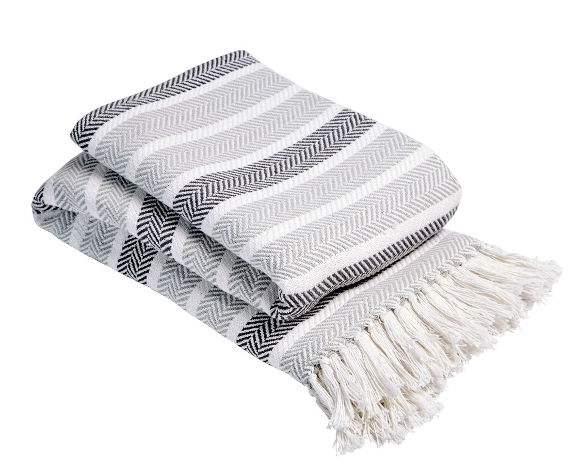 OLIVIA ROCCO Zara Striped Handwoven Pure Cotton Throw Blanket With Tassels Eco Friendly - Joe’s Haven