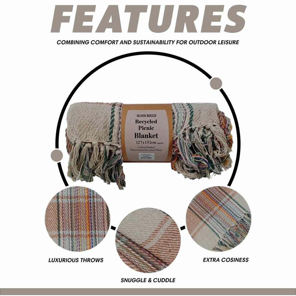 OLIVIA ROCCO Eco Friendly Recycled Cotton Picnic Blanket 130 x 150 cm Check Stripe Design - Joe’s Haven