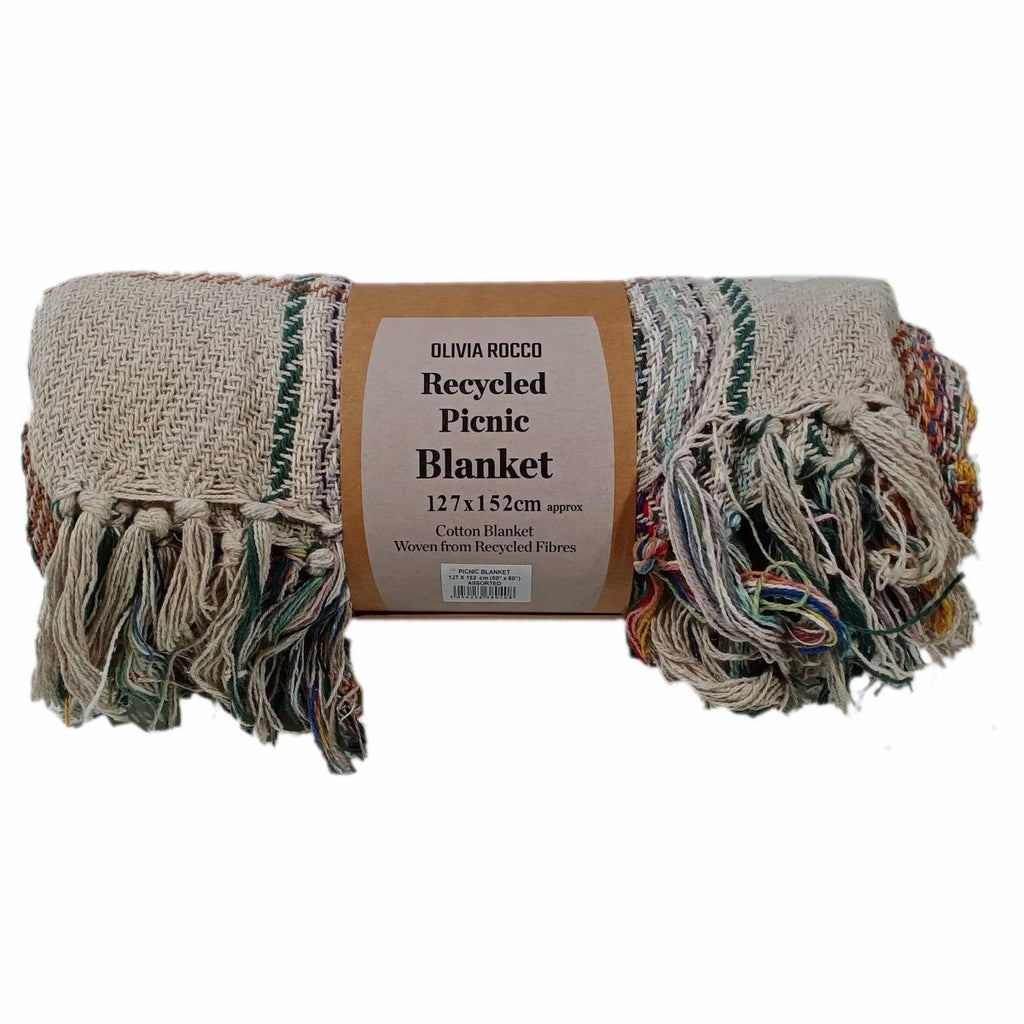 OLIVIA ROCCO Eco Friendly Recycled Cotton Picnic Blanket 130 x 150 cm Check Stripe Design - Joe’s Haven