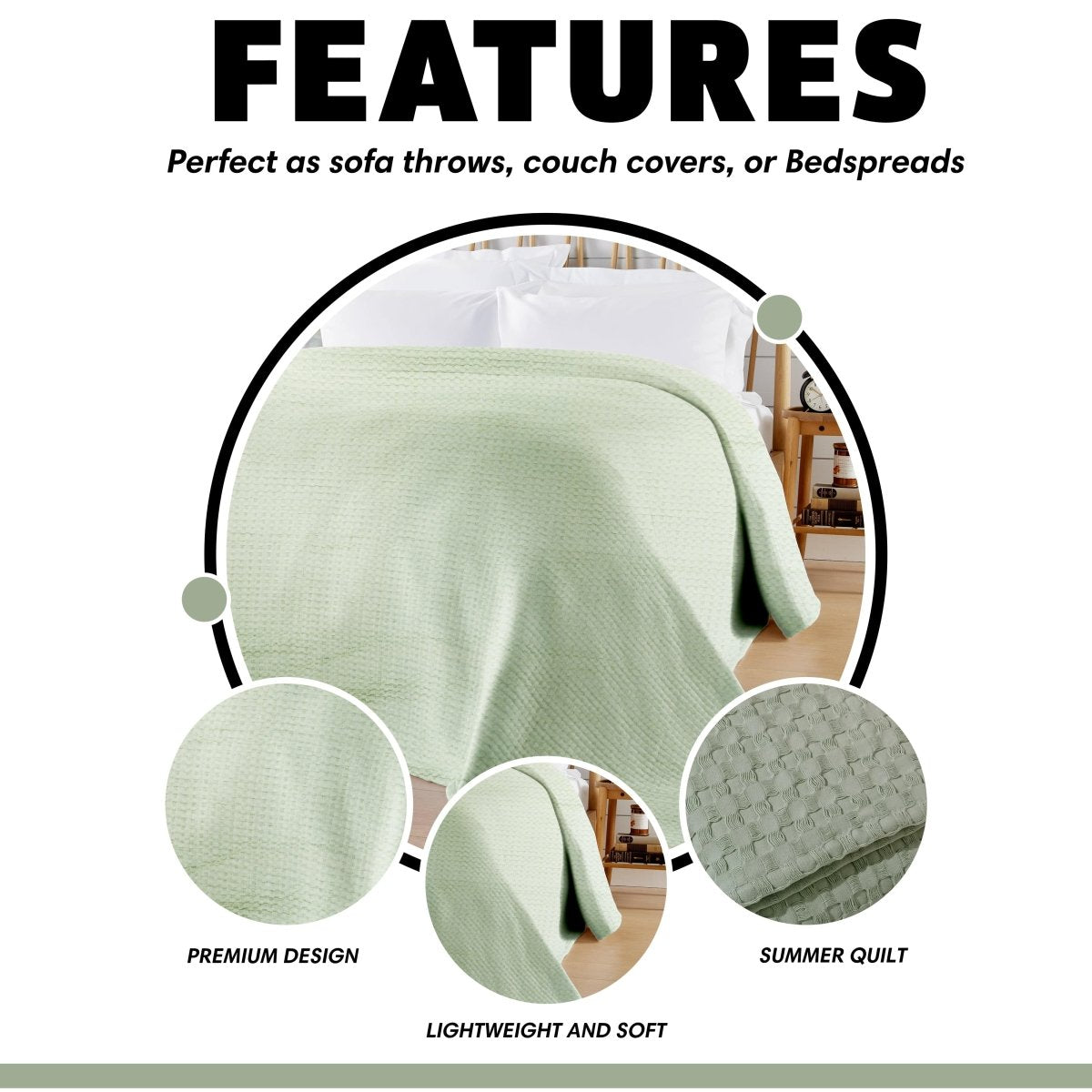 OLIVIA ROCCO Florian Checked Throw Blanket Sage Green 100% Cotton Bedspread For Sofas - Joe’s Haven