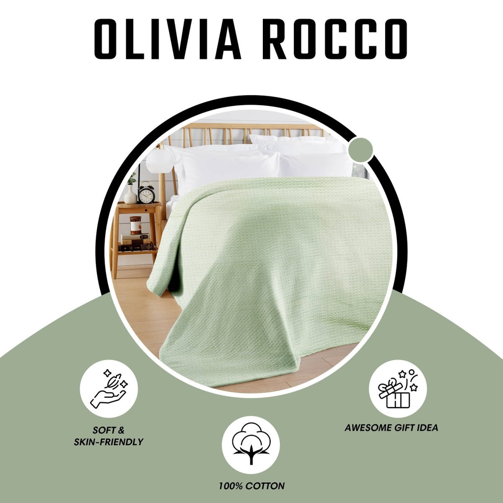 OLIVIA ROCCO Florian Checked Throw Blanket Sage Green 100% Cotton Bedspread For Sofas - Joe’s Haven