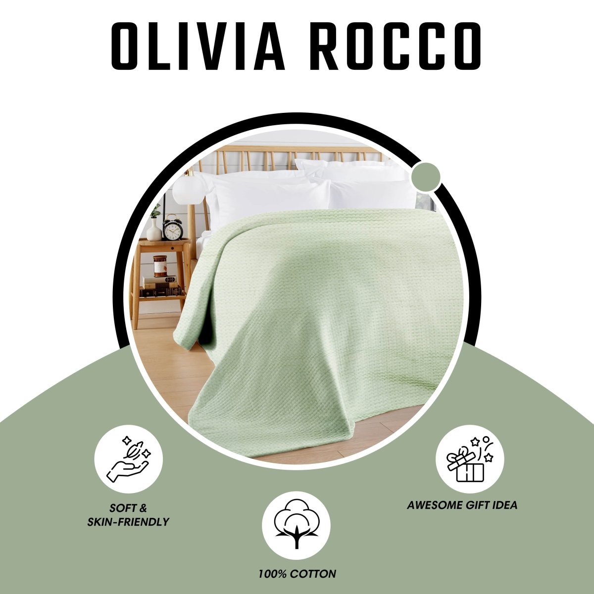 OLIVIA ROCCO Florian Checked Throw Blanket Sage Green 100% Cotton Bedspread For Sofas - Joe’s Haven
