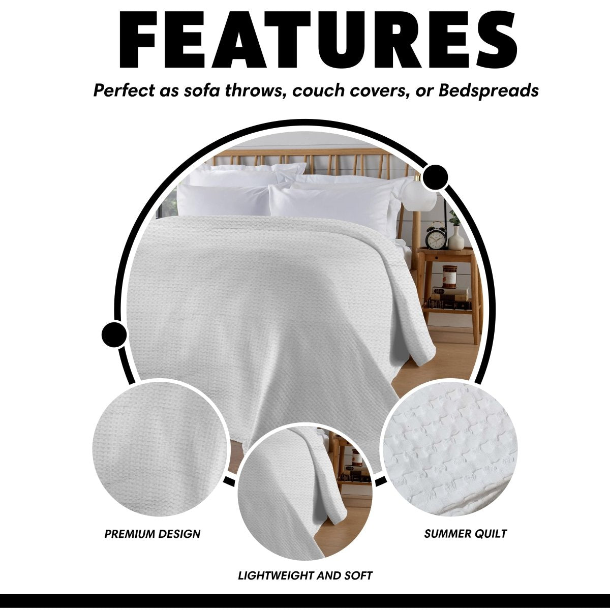 OLIVIA ROCCO Florian Checked Throw Blanket White 100% Cotton Bedspread For Sofa And Bed - Joe’s Haven