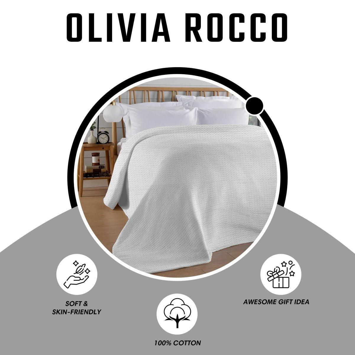 OLIVIA ROCCO Florian Checked Throw Blanket White 100% Cotton Bedspread For Sofa And Bed - Joe’s Haven