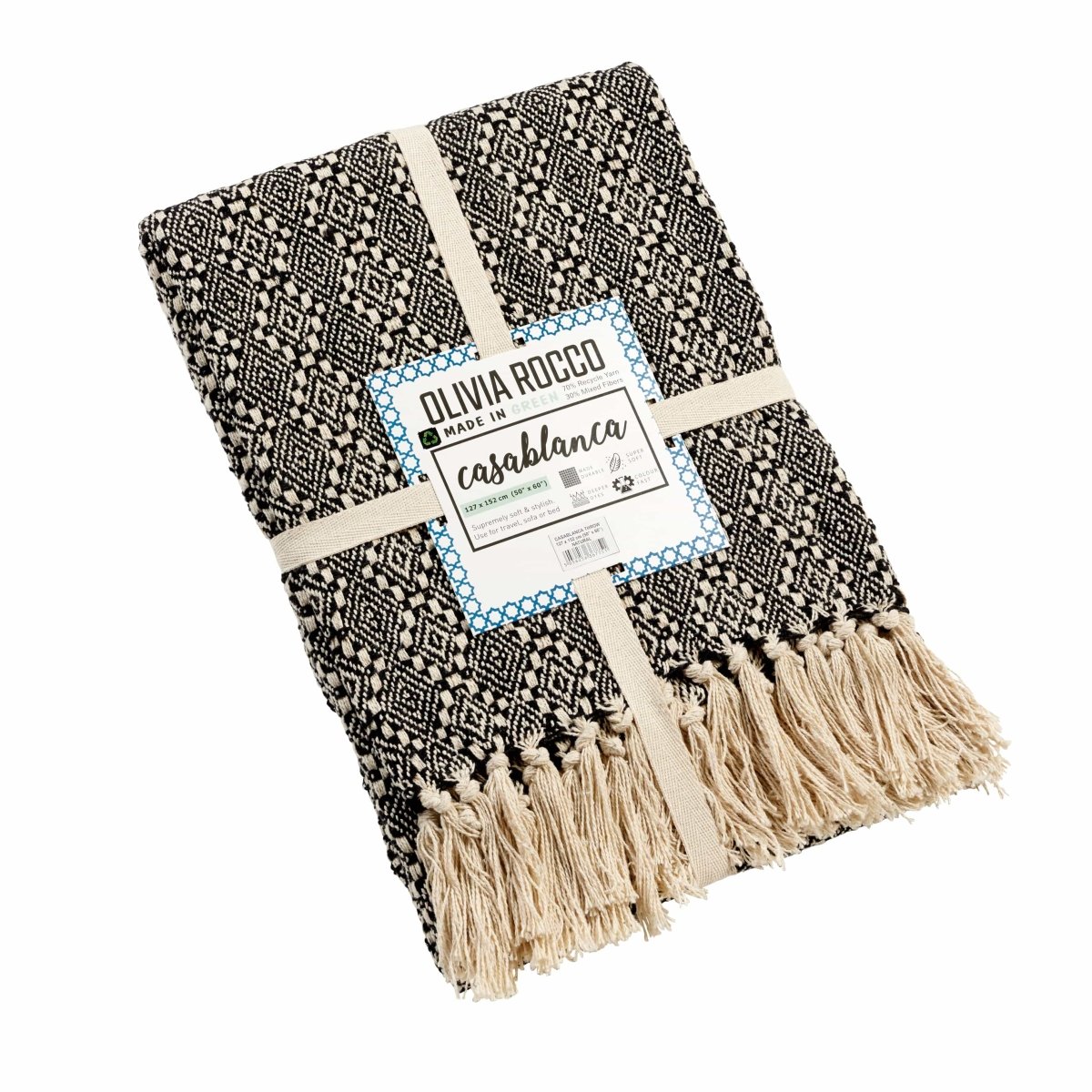 OLIVIA ROCCO Casablanca Check Design Recycled Cotton Throw Blanket With Tassels for Sofas and Beds - Joe’s Haven