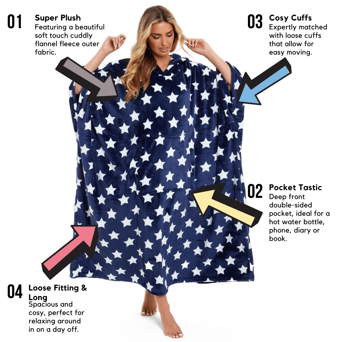 Oversized Hooded Fleece Poncho Blanket with Stars and Polka Dots - Joe’s Haven