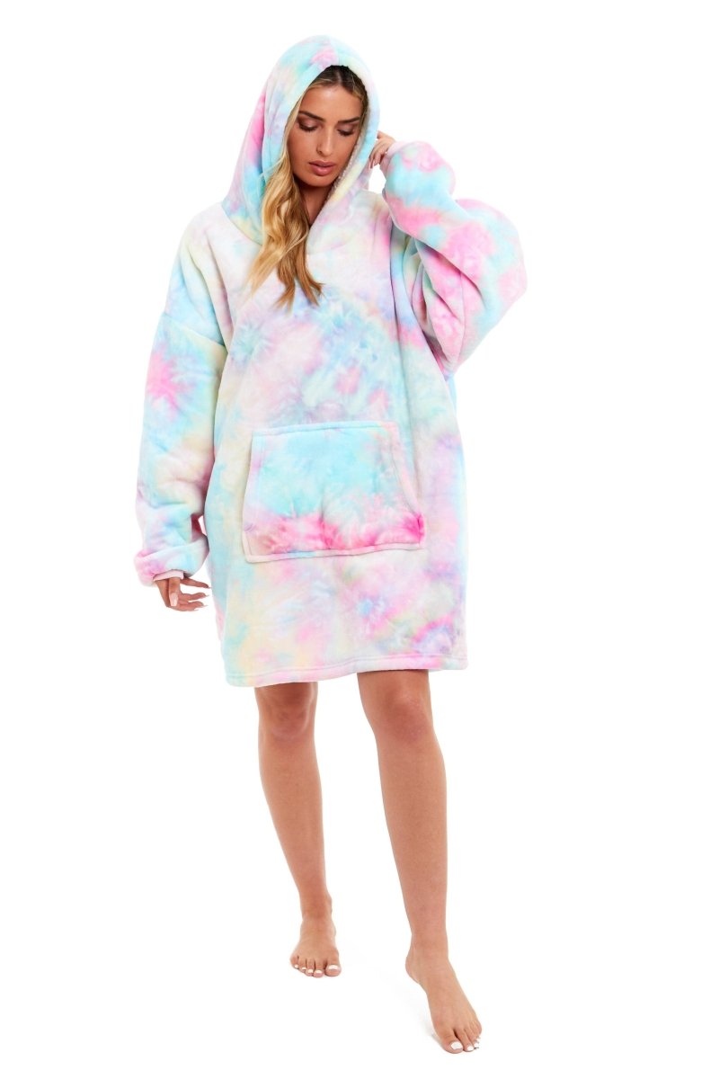 Oversized Tie Dye Rainbow Hooded Plush Fleece Blanket - Joe’s Haven