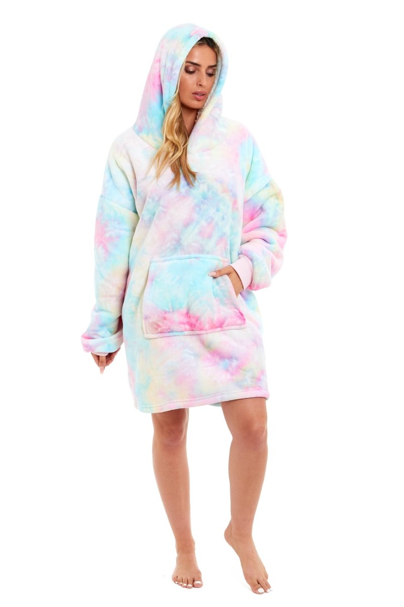 Oversized Tie Dye Rainbow Hooded Plush Fleece Blanket - Joe’s Haven