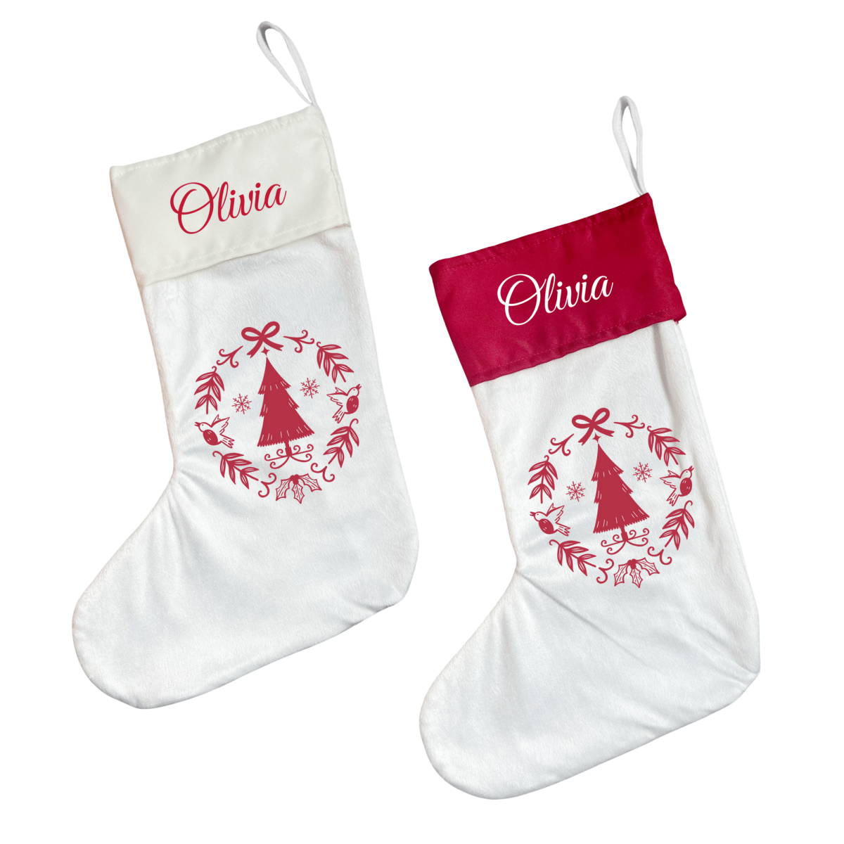 Personalised Christmas Stocking - Red Scandi Wreath - Joe’s Haven