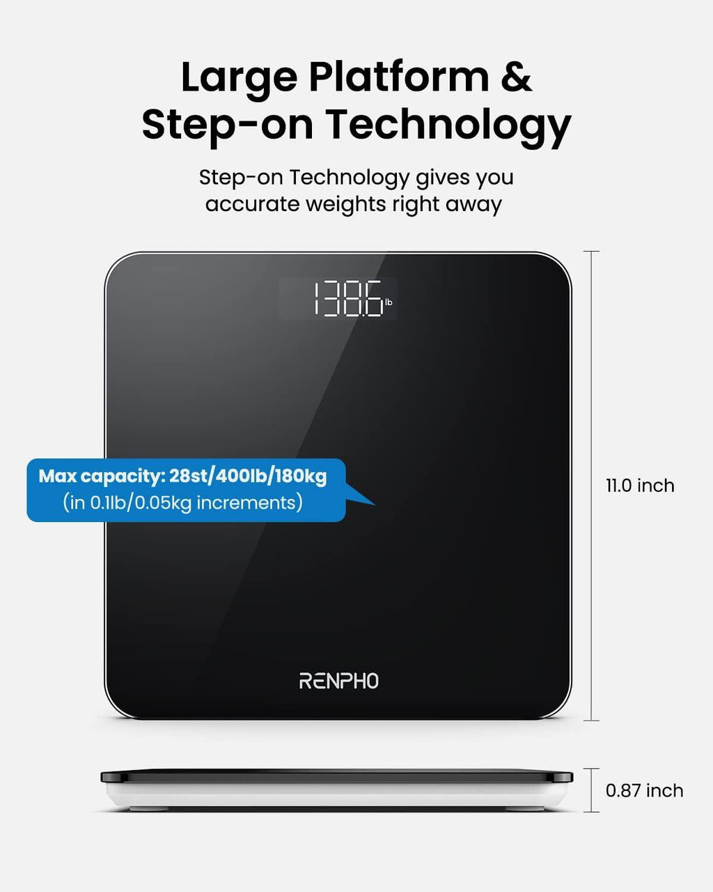 RENPHO Digital Bathroom Scale – High Precision, Black, 280x280mm - Joe’s Haven