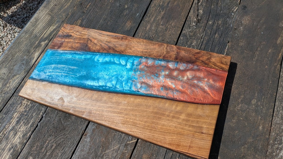 Walnut striking blue and bronze river board - Joe’s Haven