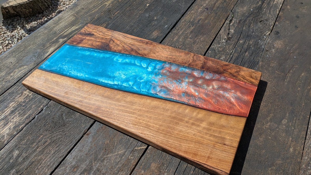Walnut striking blue and bronze river board - Joe’s Haven