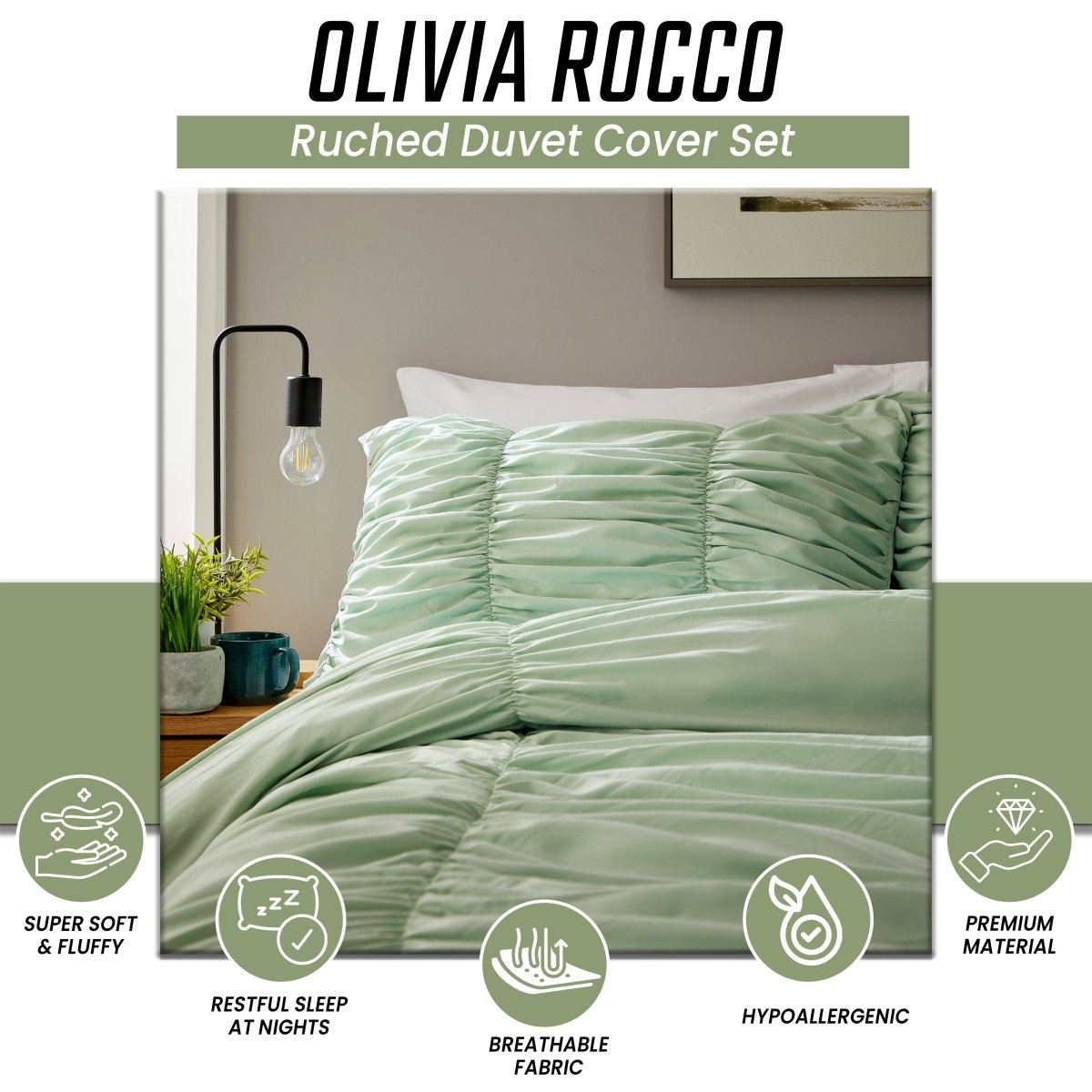 Ruched Sage Green Microfibre Duvet Cover Set - Joe’s Haven