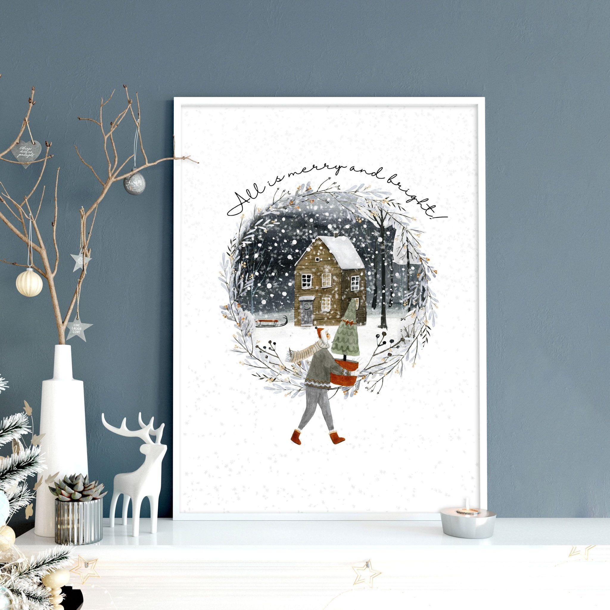 Christmas decor in living room wall art print