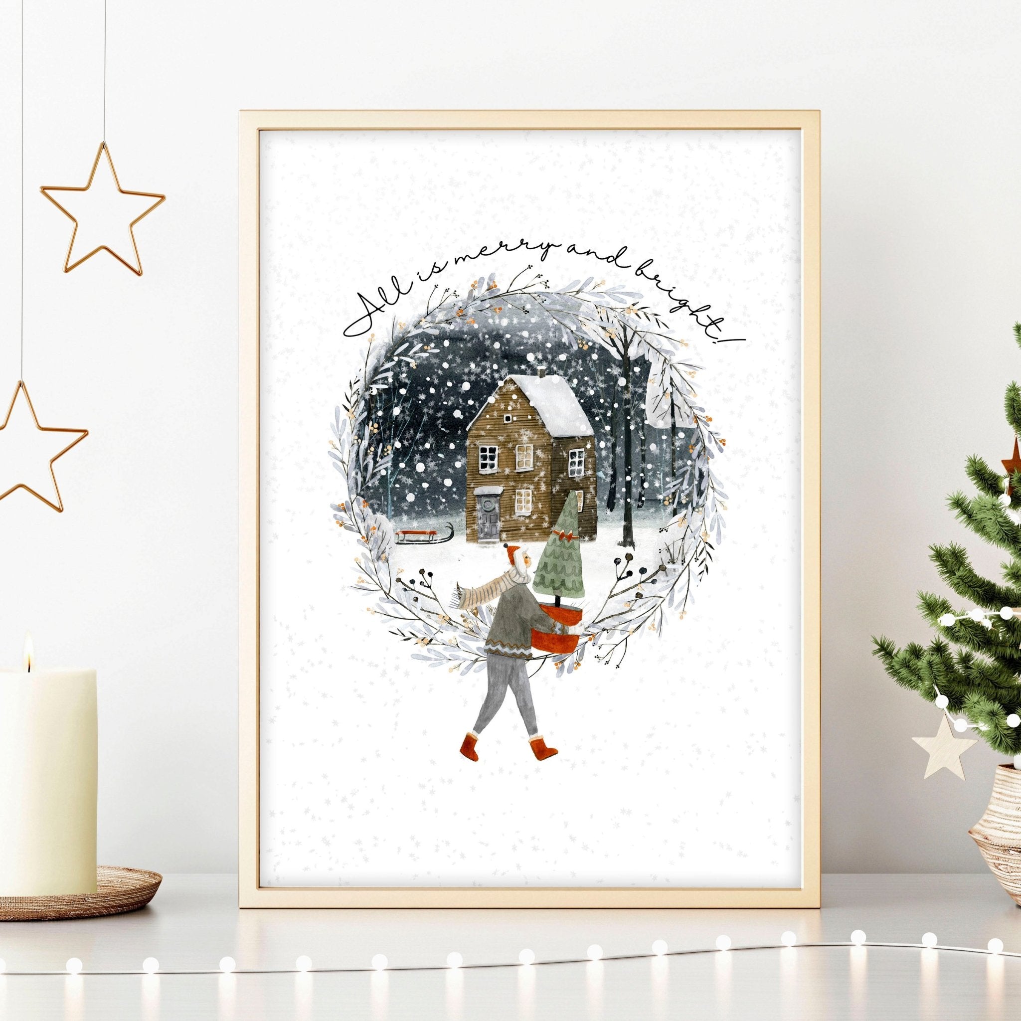 Christmas decor in living room wall art print