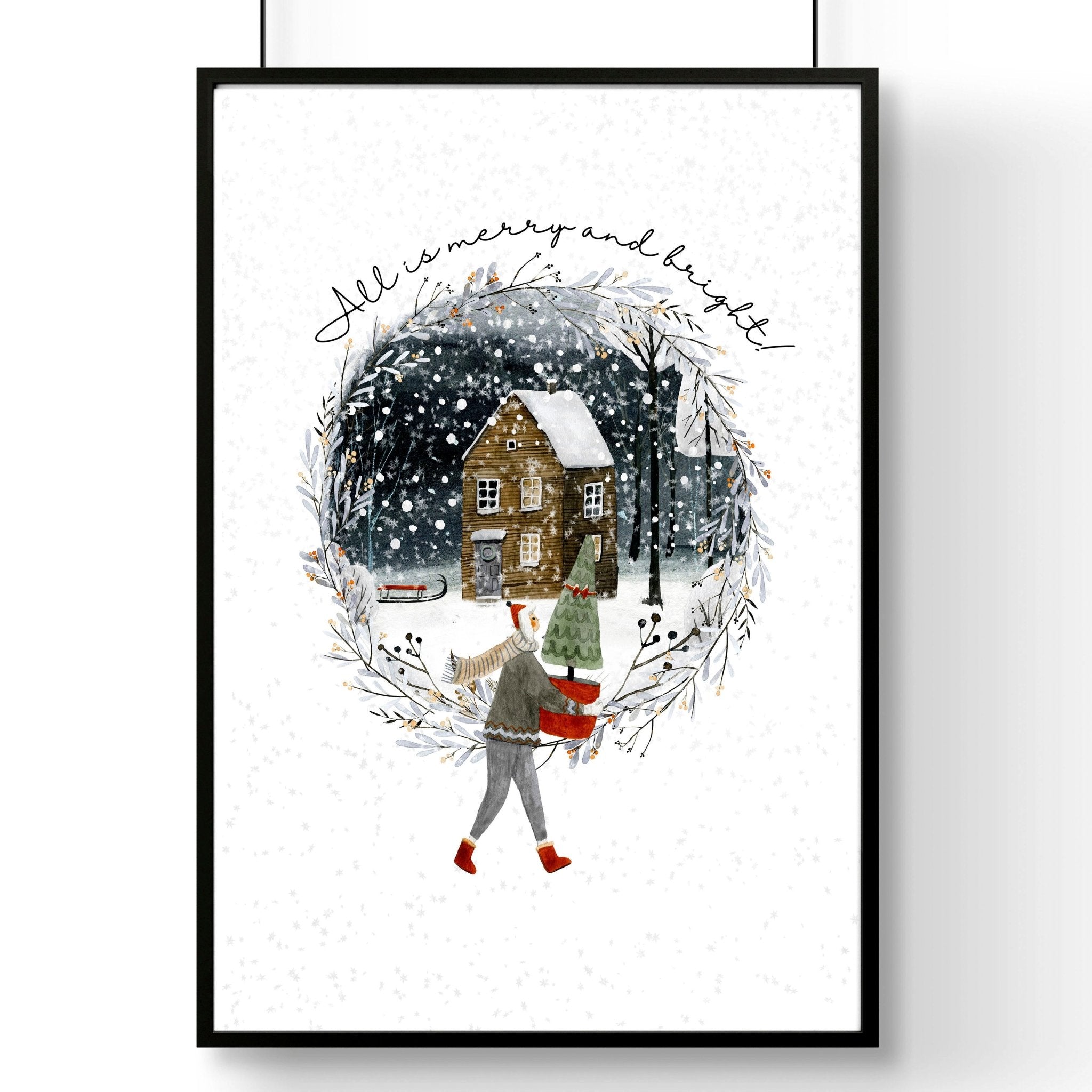 Christmas decor in living room wall art print