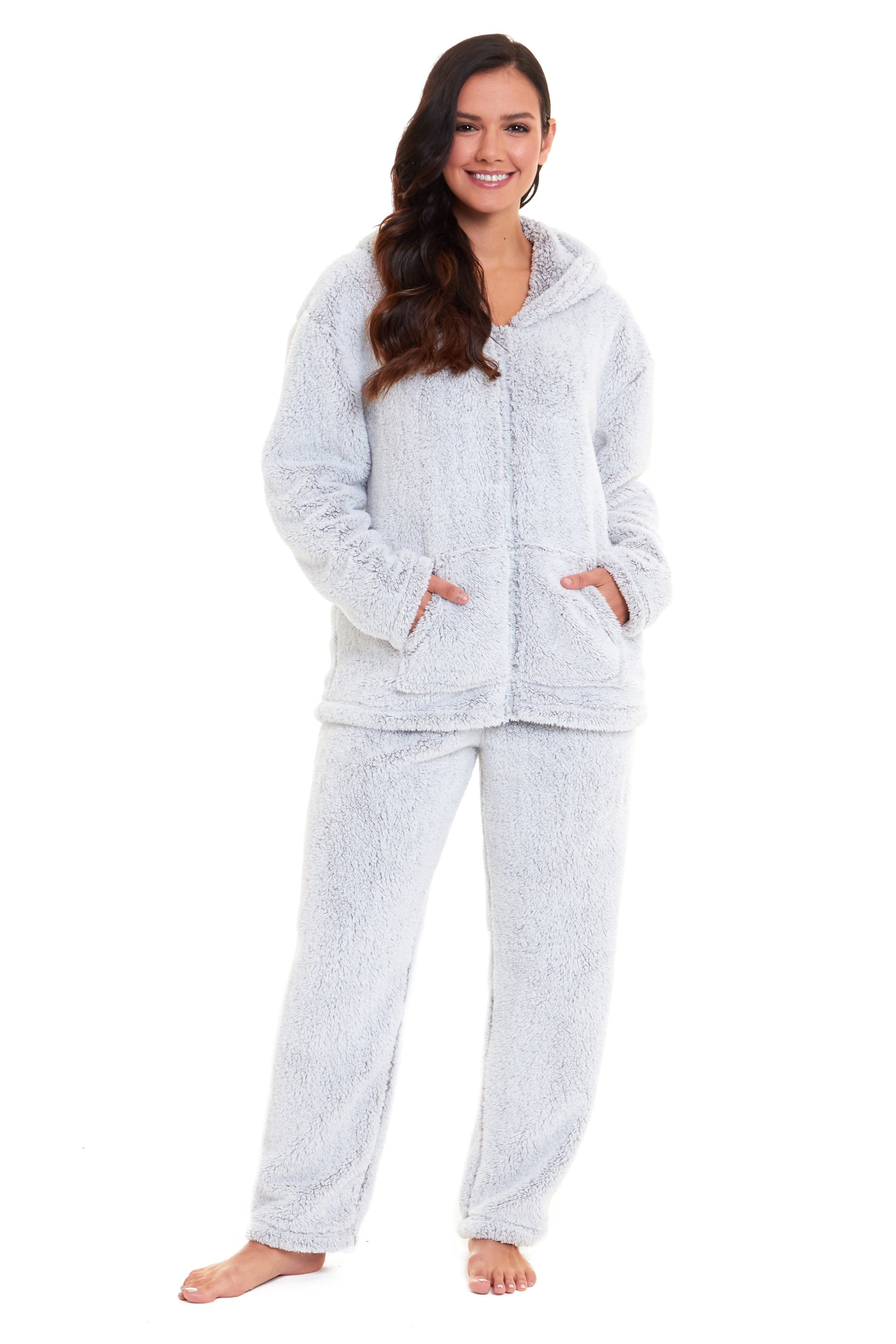 Soft Grey Plush Fleece Hooded Pyjama Set