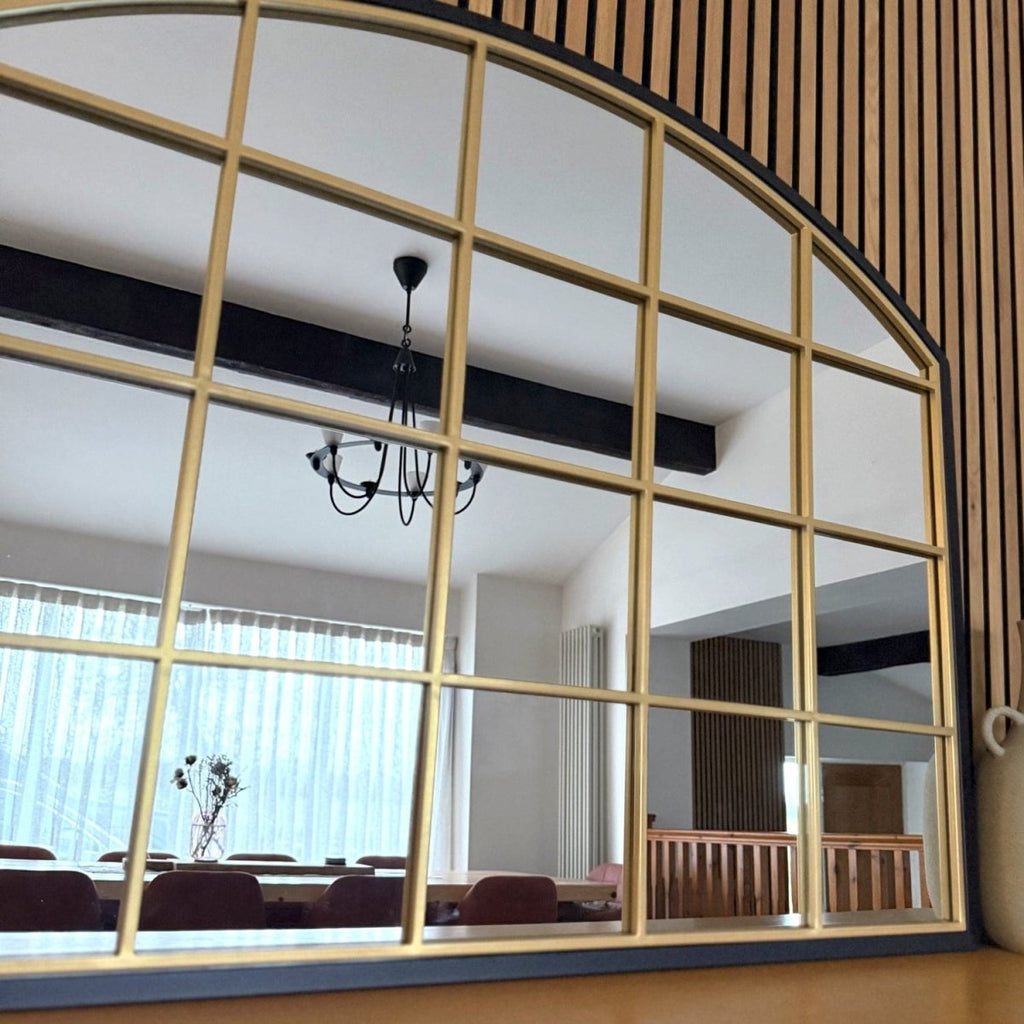 Tomi - Black & Gold Metal Arched Lattice Window Mirror - 95cm x 120cm - Joe’s Haven