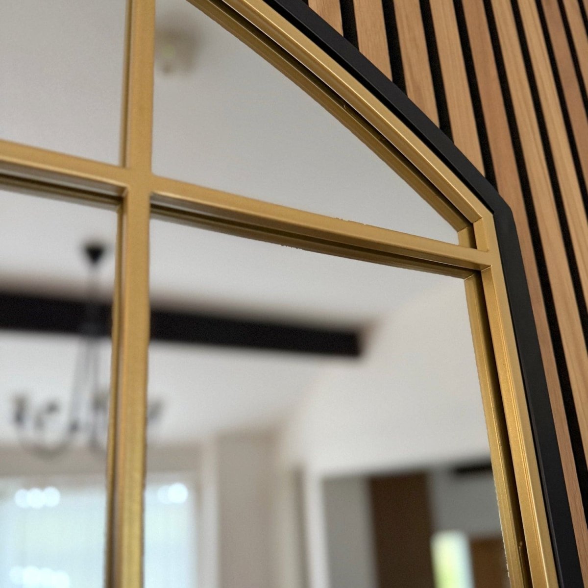 Tomi - Black & Gold Metal Arched Lattice Window Mirror - 95cm x 120cm - Joe’s Haven