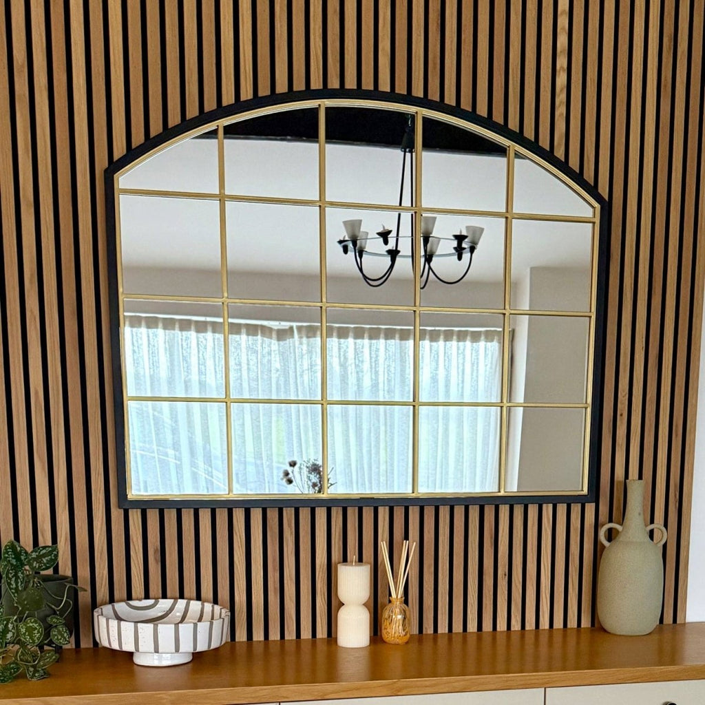 Tomi - Black & Gold Metal Arched Lattice Window Mirror - 95cm x 120cm - Joe’s Haven