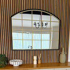 Tomi - Black & Gold Metal Arched Lattice Window Mirror - 95cm x 120cm - Joe’s Haven