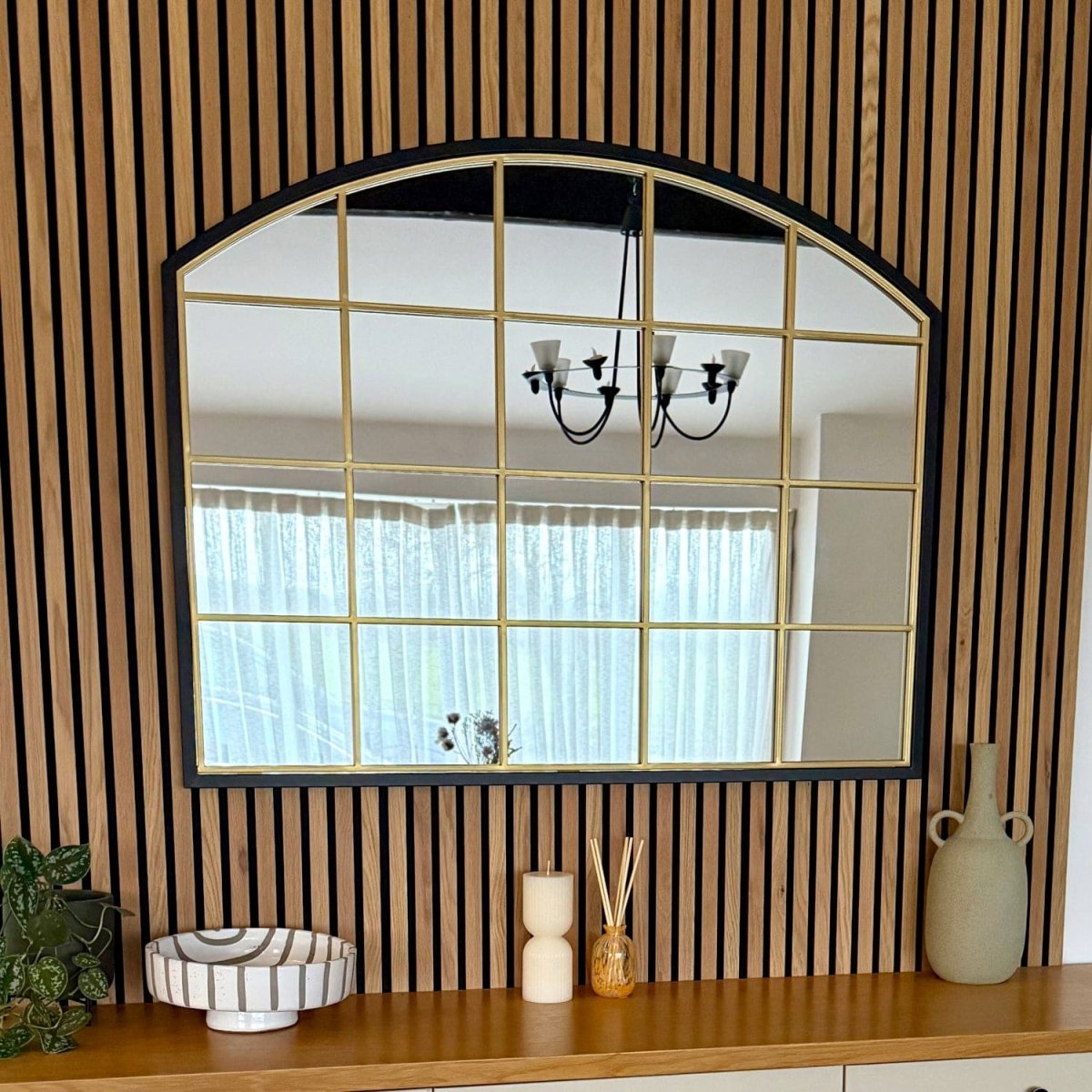 Tomi - Black & Gold Metal Arched Lattice Window Mirror - 95cm x 120cm - Joe’s Haven