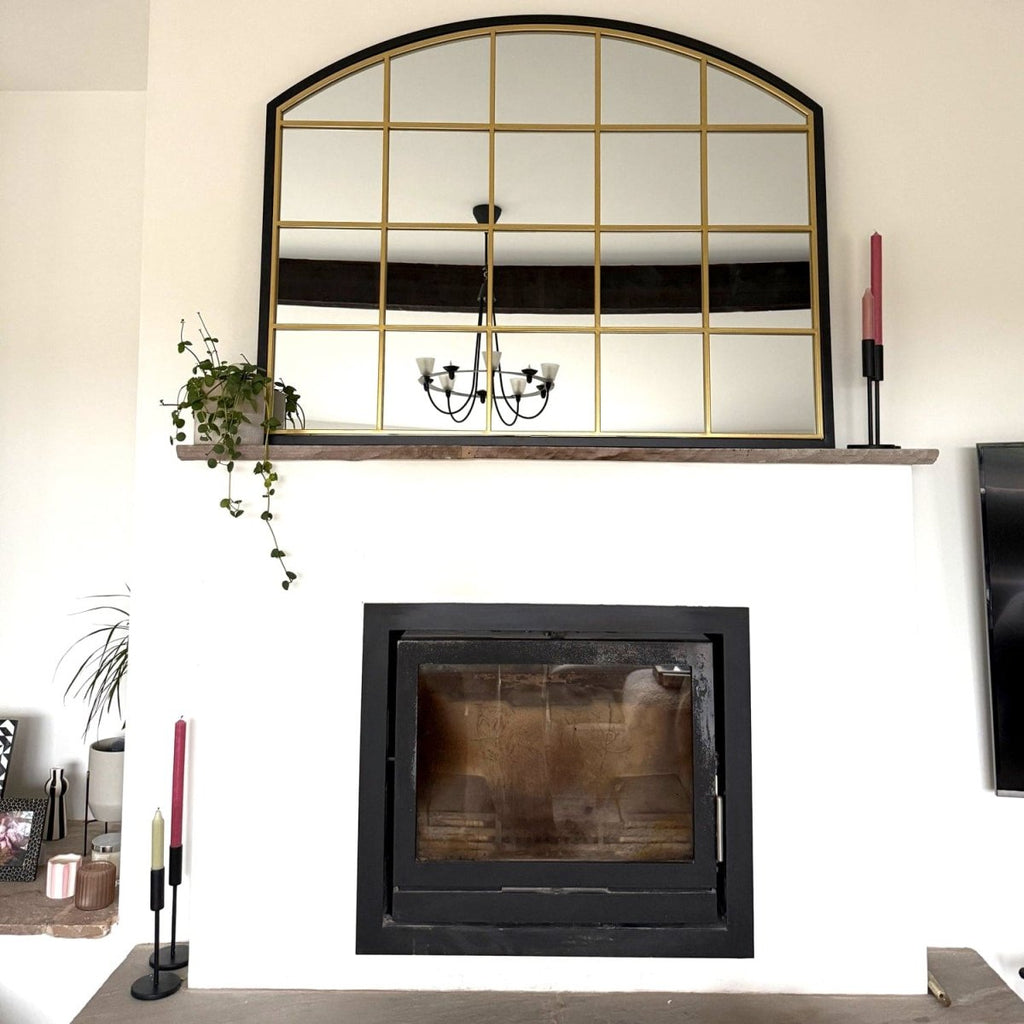 Tomi - Black & Gold Metal Arched Lattice Window Mirror - 95cm x 120cm - Joe’s Haven