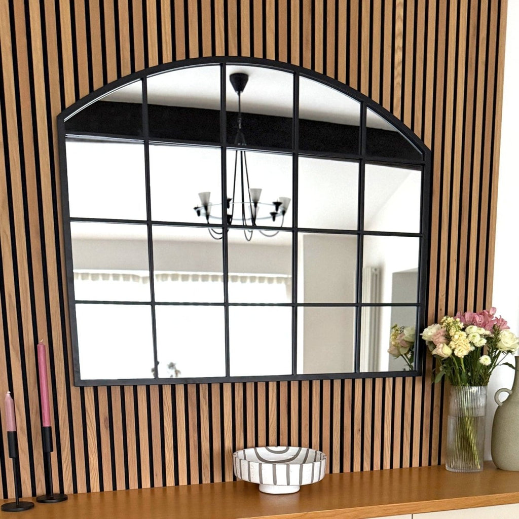 Tomi - Black Metal Arched Lattice Window Mirror - 95cm x 120cm - Joe’s Haven