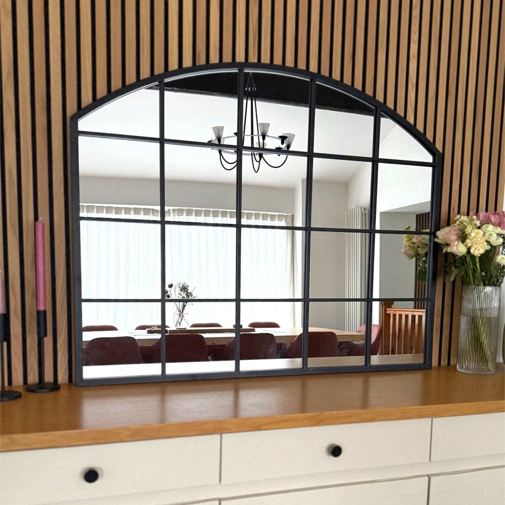 Tomi - Black Metal Arched Lattice Window Mirror - 95cm x 120cm - Joe’s Haven