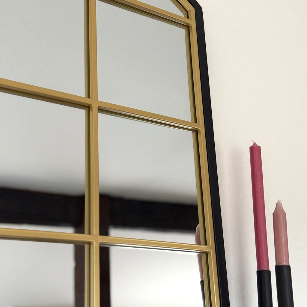 Tomi - Full Length Black & Gold Metal Arched Lattice Window Mirror - 180cm x 105cm - Joe’s Haven