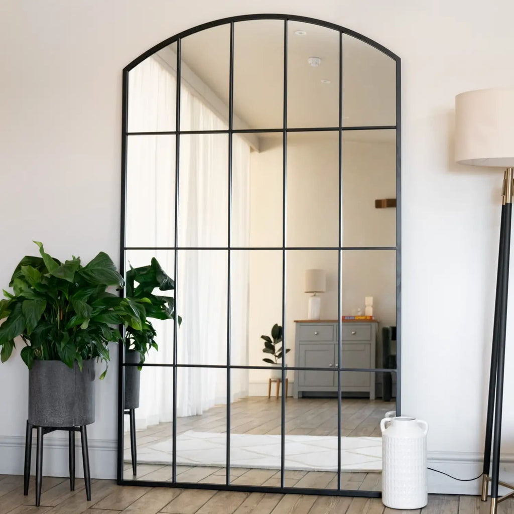 Tomi - Full Length Black Metal Arched Lattice Window Mirror - 180cm x 105cm. - Joe’s Haven