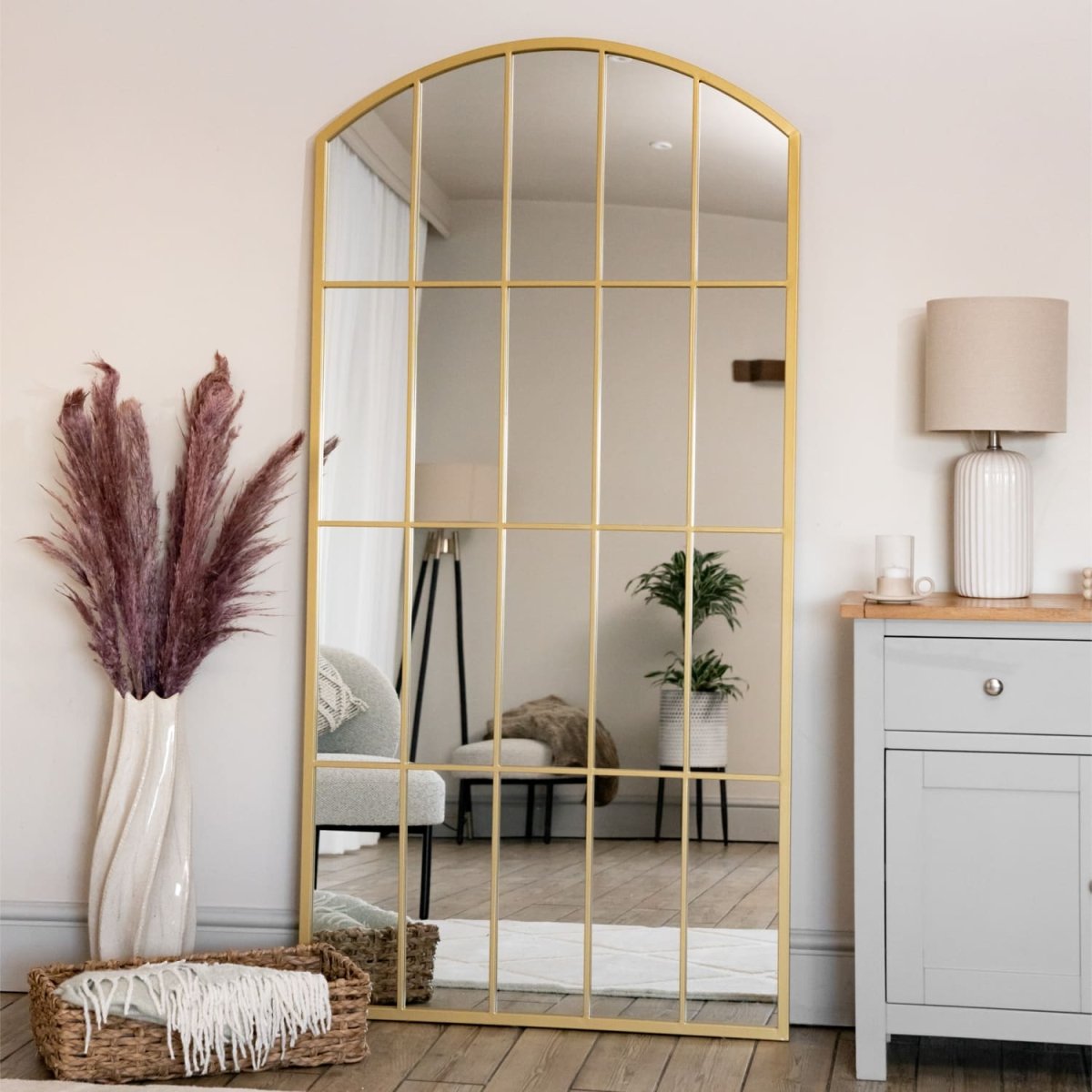 Tomi - Full Length Gold Metal Arched Lattice Window Mirror - 180cm x 90cm - Joe’s Haven