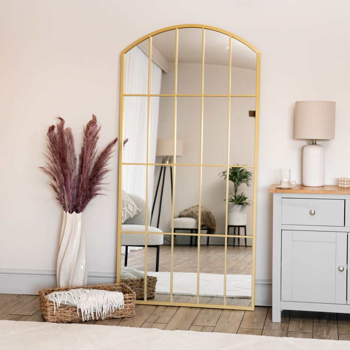 Tomi - Full Length Gold Metal Arched Lattice Window Mirror - 180cm x 90cm - Joe’s Haven