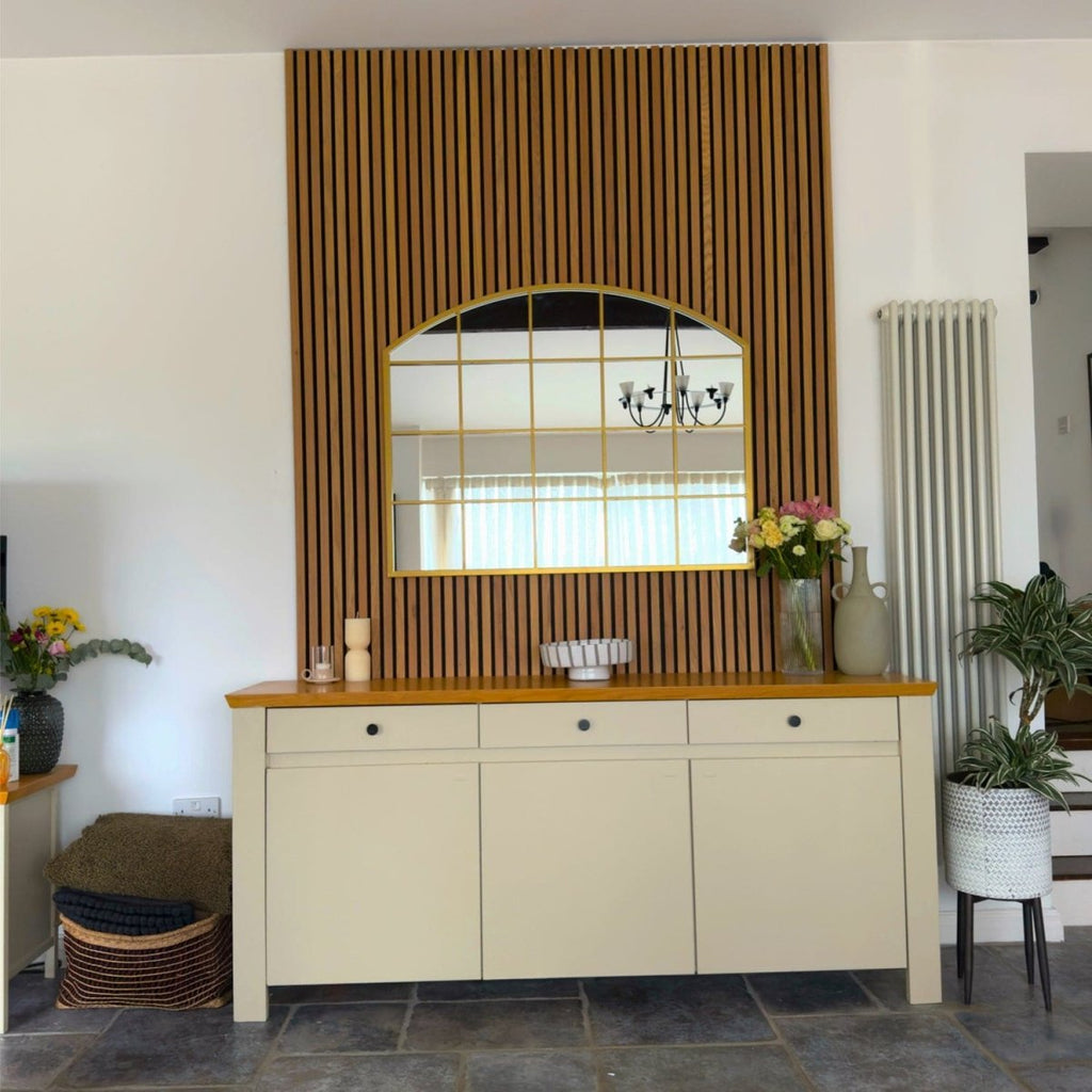 Tomi - Gold Metal Arched Lattice Window Mirror - 95cm x 120cm. - Joe’s Haven