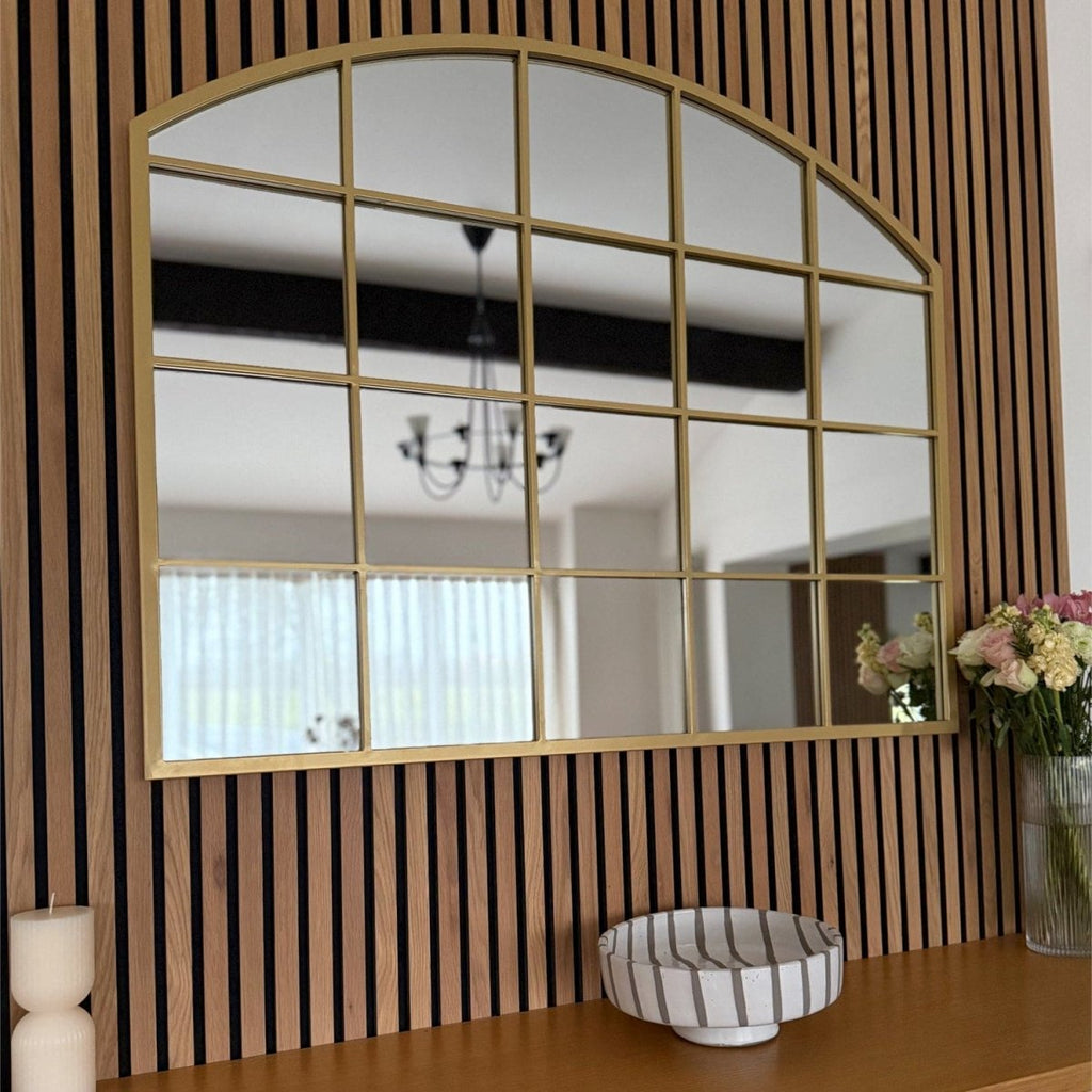 Tomi - Gold Metal Arched Lattice Window Mirror - 95cm x 120cm. - Joe’s Haven