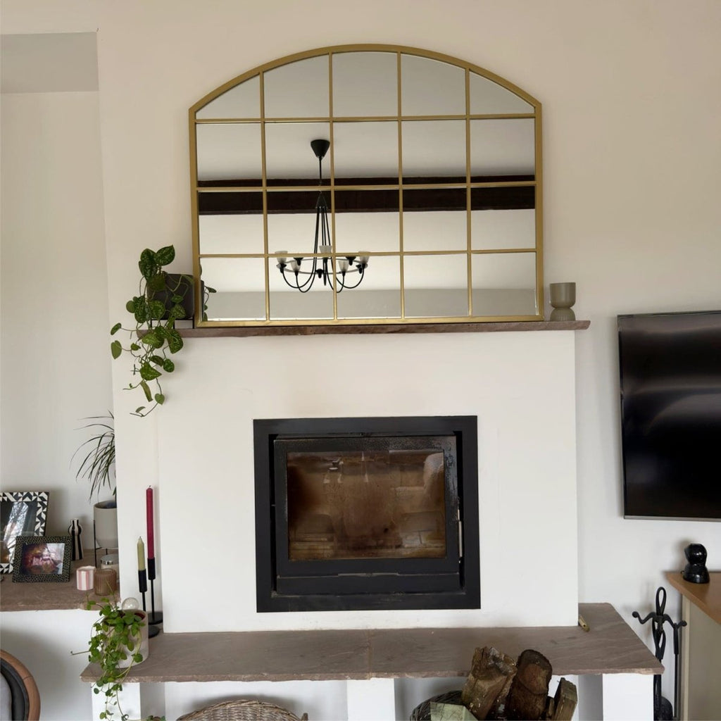 Tomi - Gold Metal Arched Lattice Window Mirror - 95cm x 120cm. - Joe’s Haven