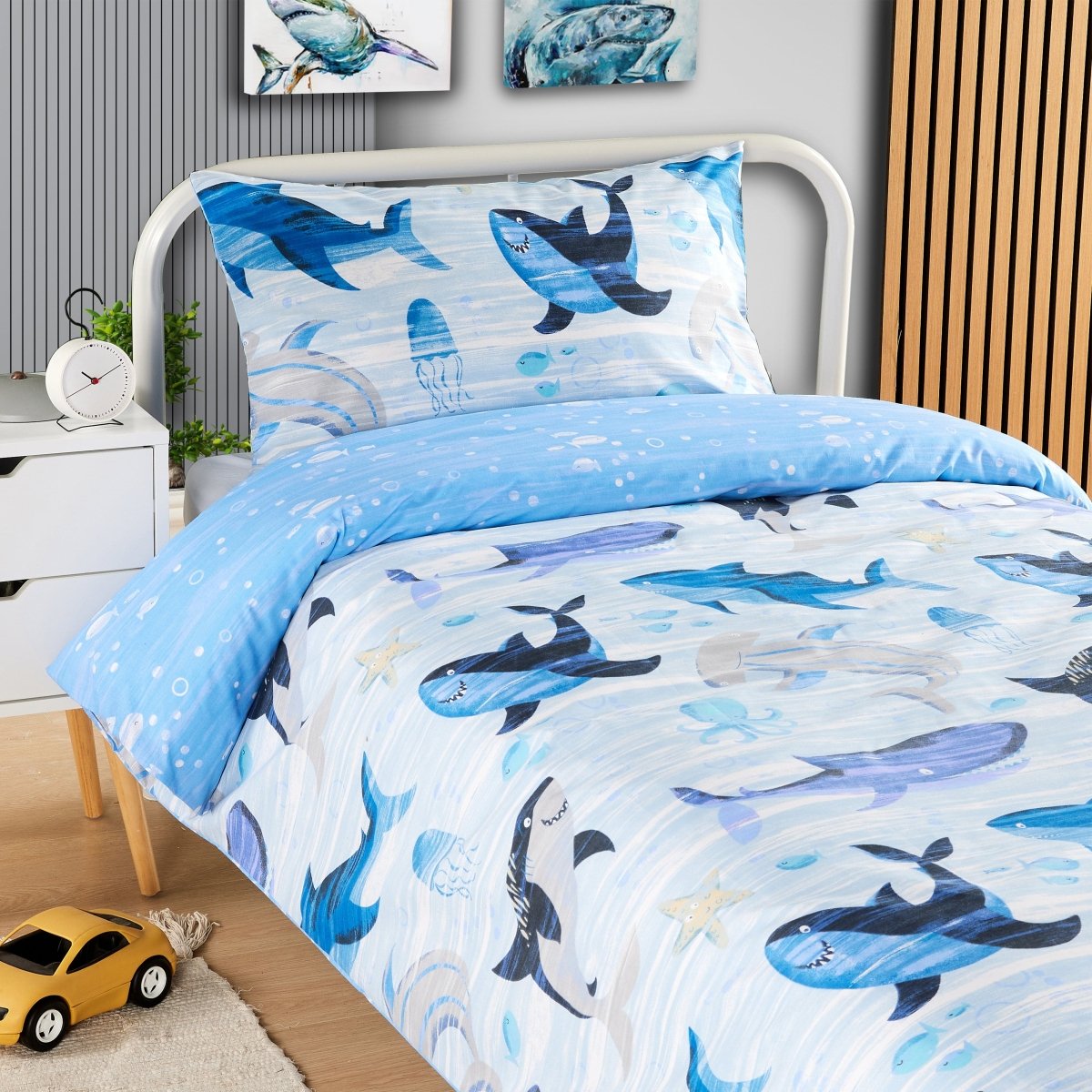 Underwater Sharks and Whales Kids Duvet Cover Set Reversible - Joe’s Haven