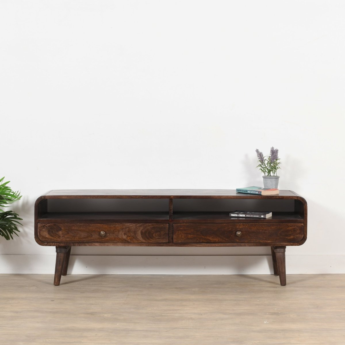 Franklin Dark Mango Wood Large TV Stand with 2 Drawers - Joe’s Haven