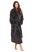 Women's Black Leopard Print Plush Fleece Long Robe - Joe’s Haven