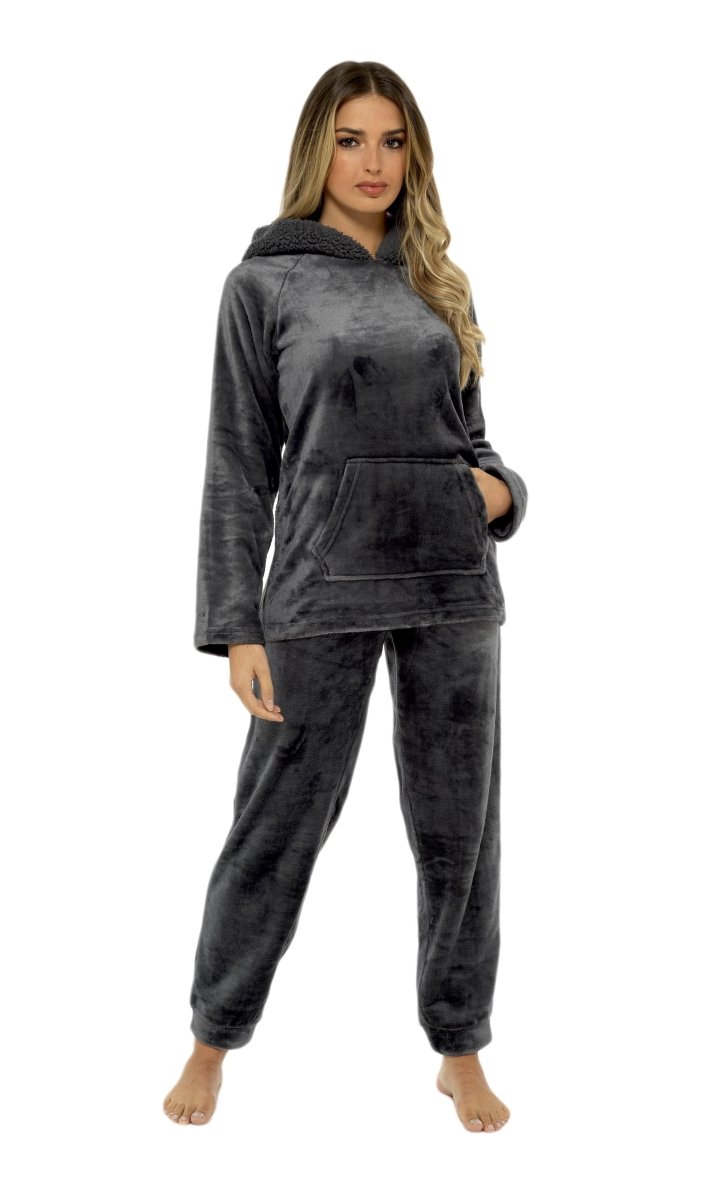 Women's Charcoal Plush Fleece Hooded Pyjama Set with Sherpa Lining - Joe’s Haven