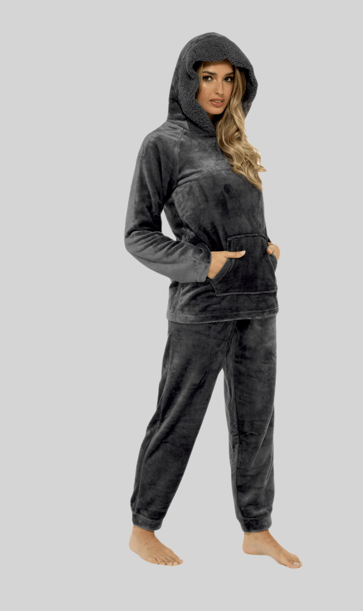 Women's Charcoal Plush Fleece Hooded Pyjama Set with Sherpa Lining - Joe’s Haven