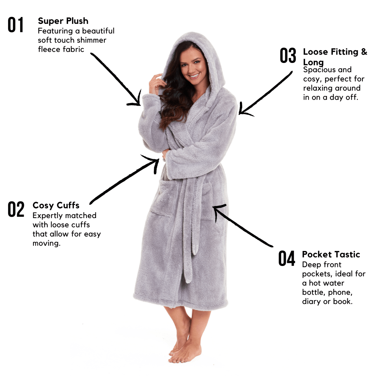 Women's Grey Velvet Touch Hooded Fleece Robe - Joe’s Haven