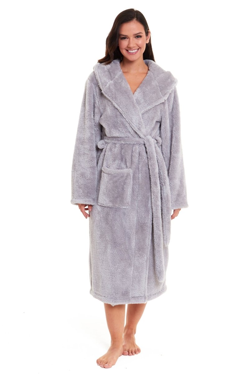 Women's Grey Velvet Touch Hooded Fleece Robe - Joe’s Haven