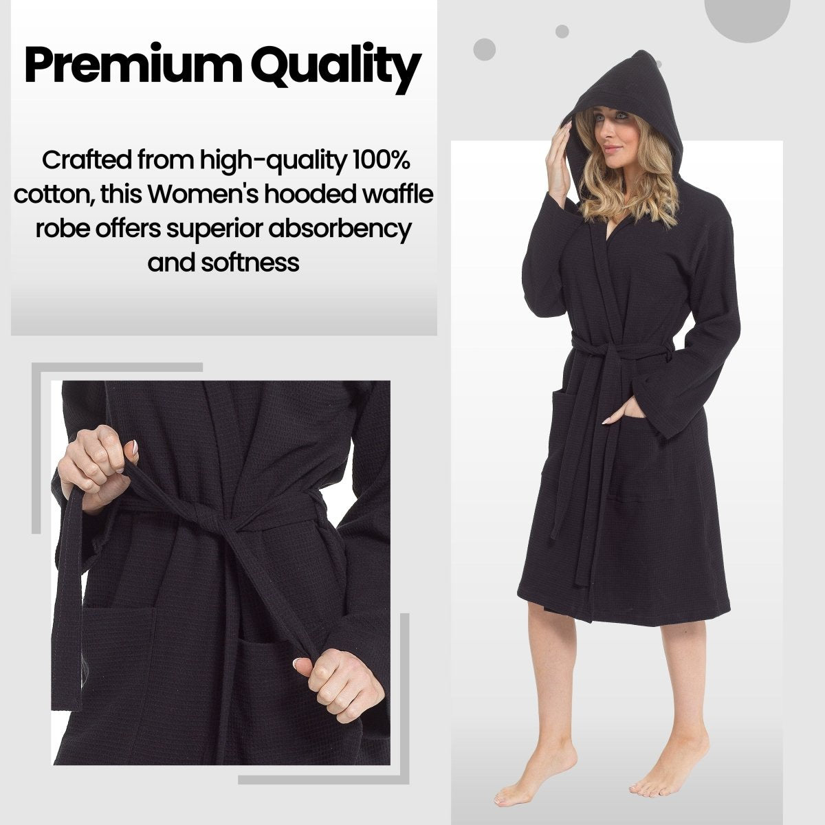 Women's Hooded Waffle Cotton Bathrobe - Black - Joe’s Haven