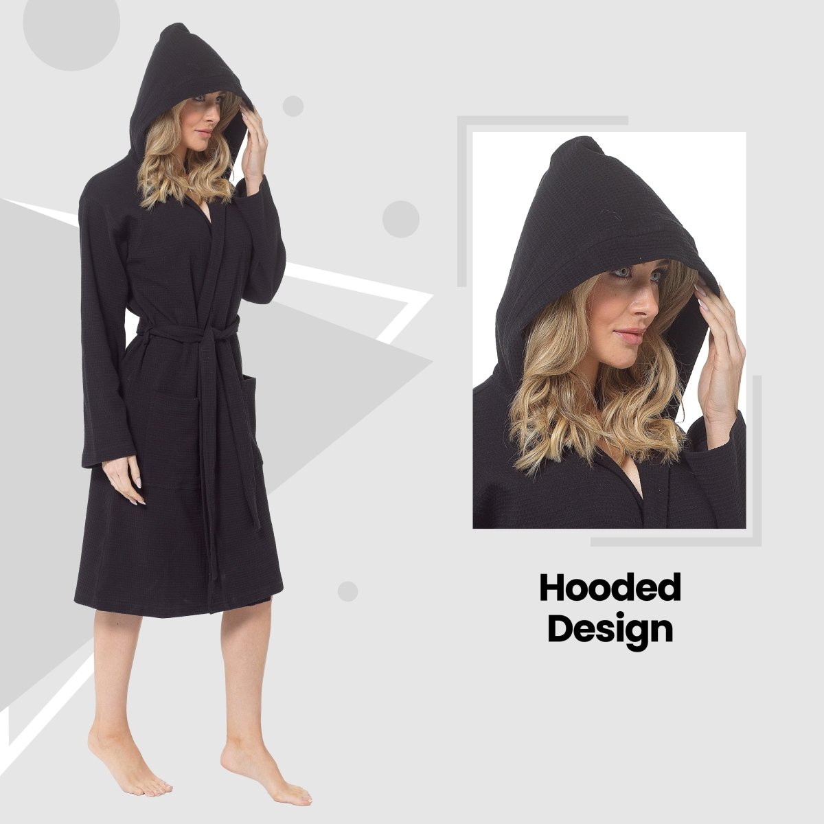 Women's Hooded Waffle Cotton Bathrobe - Black - Joe’s Haven