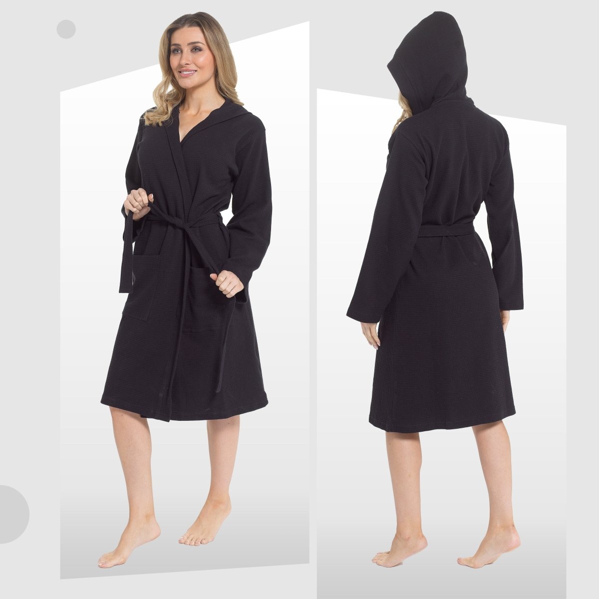 Women's Hooded Waffle Cotton Bathrobe - Black - Joe’s Haven