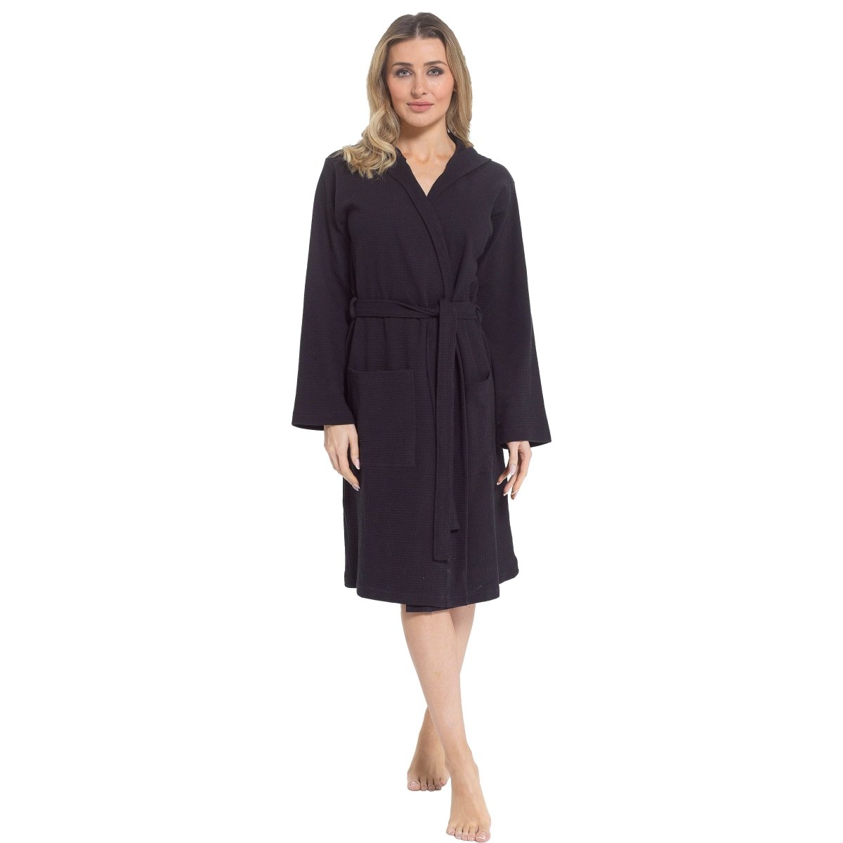 Women's Hooded Waffle Cotton Bathrobe - Black - Joe’s Haven