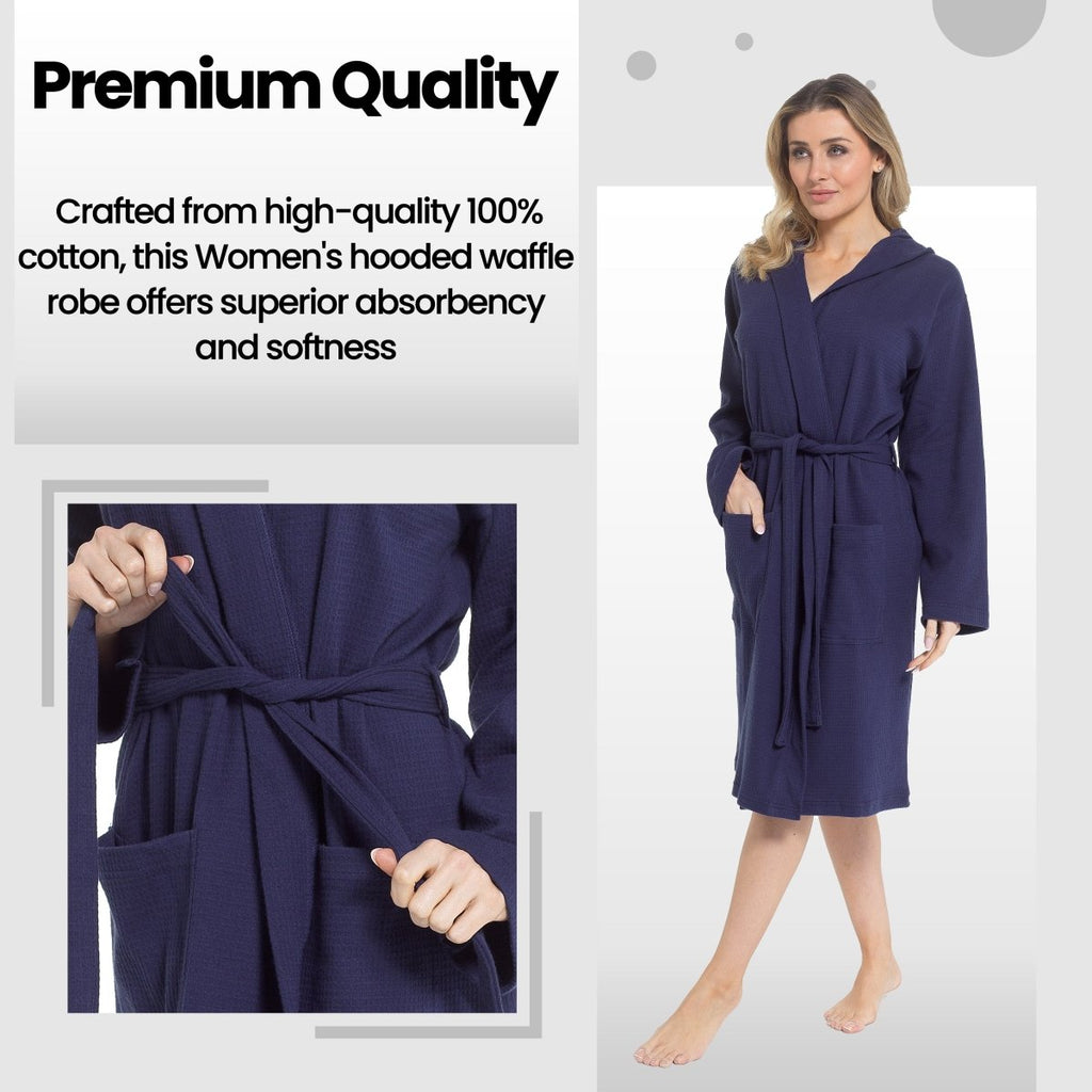 Women's Hooded Waffle Cotton Bathrobe - Navy - Joe’s Haven